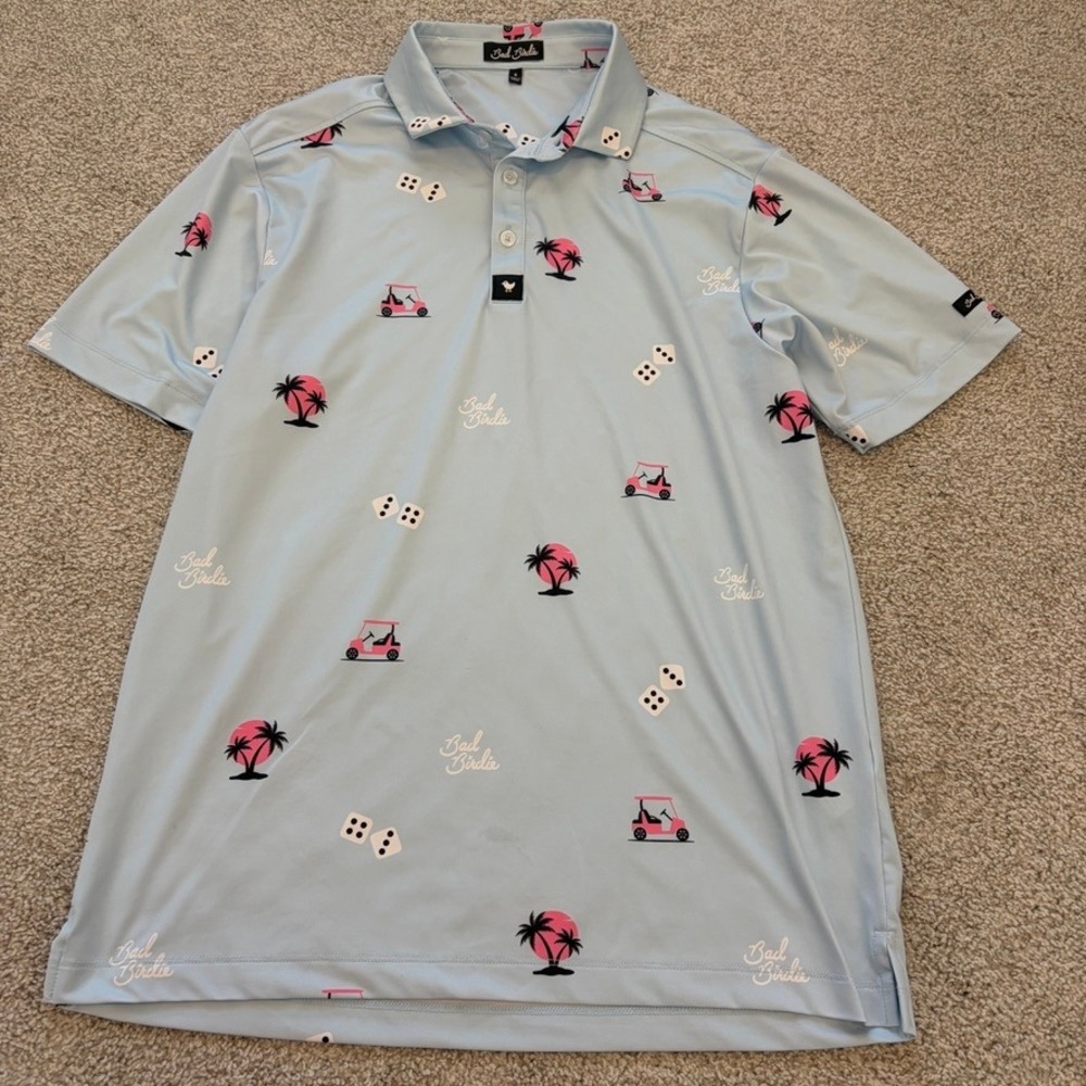 Bad Birdie Polo Mens S Blue Golf Cart Dice Palm Tree Athletic Lightweight